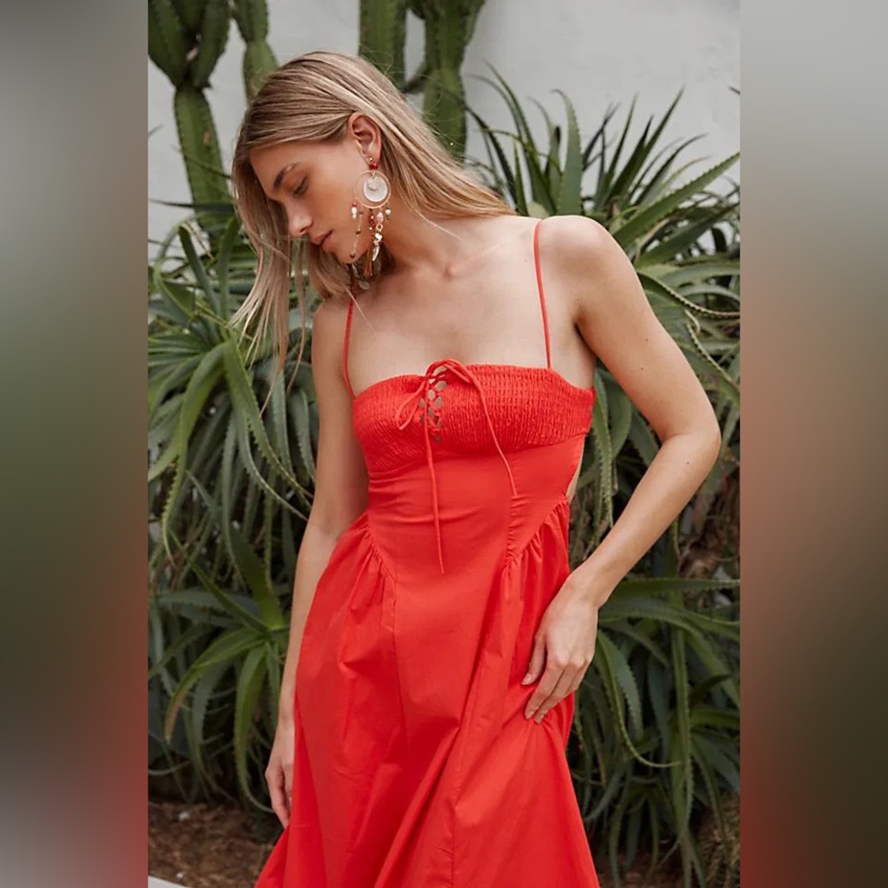 Free People Red Strapless Smocked Bust Maxi Dress